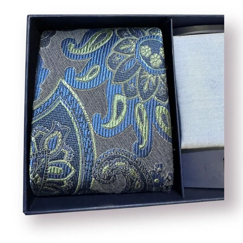 Broletto Geometric Design Blue Silk 2‎ Piece Tie, Pocket Square Like new